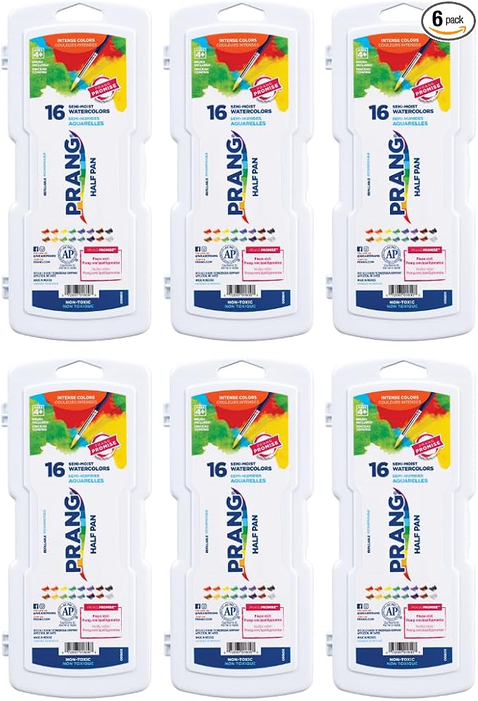Prang Semi-Moist Watercolors 16-Color Half Pan Paint Set, Pack of 6 | Refillable, Size 6 Paint Brush Included