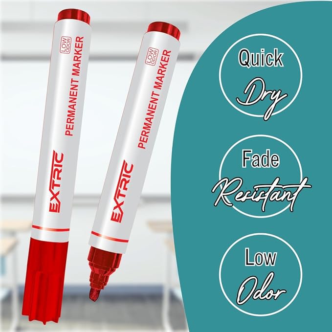 EXTRIC Permanent Markers, Chisel Tip, Red, Quick Drying Ink, Works on Paper, wood, Plastic, metal and Glass, Great for Home, Office and School use