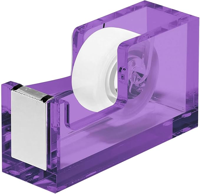 OfficeGoods Acrylic Tape Dispenser – Modern Desk Organizer for Office Supplies, Heavy Duty Refillable Tape Holder for Home and School Crafting, Stylish Desktop Accessory for Gift Wrapping, Purple