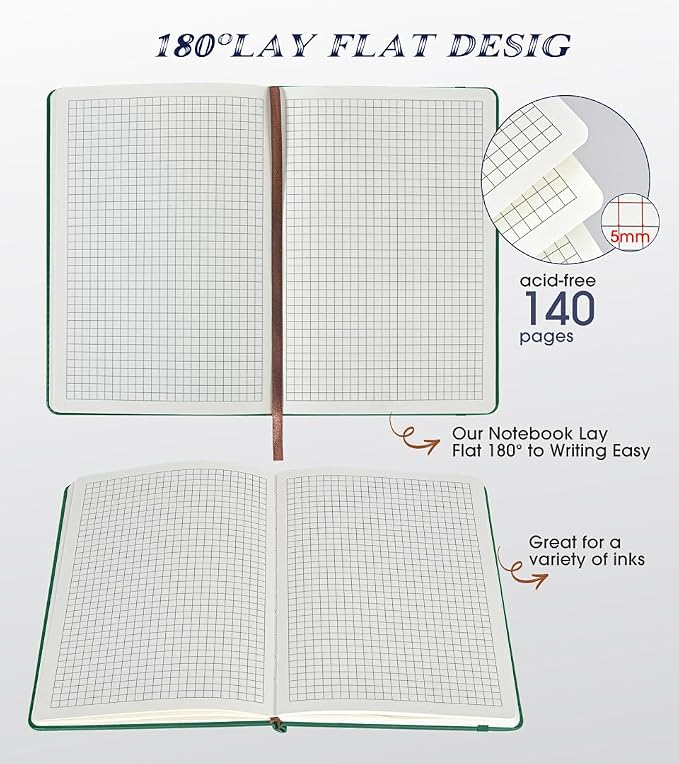 Biuwory A5 Hardcover Graph Paper Notebook, Grid Leather Journal for Writing | 140 Quad Ruled Grid Pages Vintage Diary, 5.7"×8.3" Travel Notebook for Work, School, Women & Men