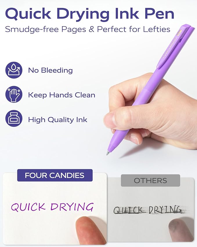 Four Candies Quick Dry Ink Colorful Pens Set, 12 Colors | 0.7mm Fine Point Colored Pens for Note Taking & Drawing, Colored Gel Pens with Comfort Grip for Office & School Supplies