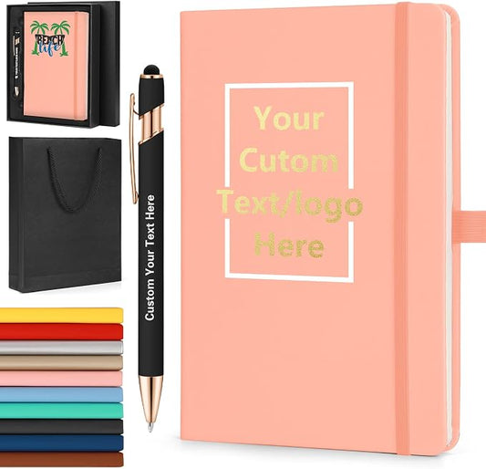 ENOMY Personalized A5 Notebook & Pen Set Custom PU Leather Journal 200 Lined Pages Custom Notebook with Gift Box Journals for Writing College Birthday Business Gift, Pink