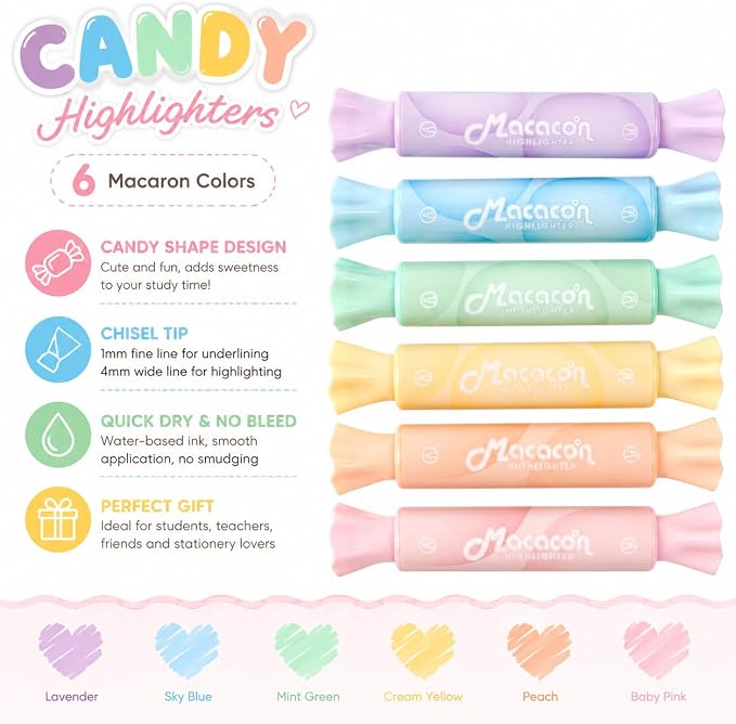 Candy Highlighters, 18 Pack Cute Pastel Highlighter Pens, Candy Shaped Chisel Tip No Bleed, Quick Dry Aesthetic Highlighters for School Supplies, Bible Study, Journaling, Planner, Notes, Teachers
