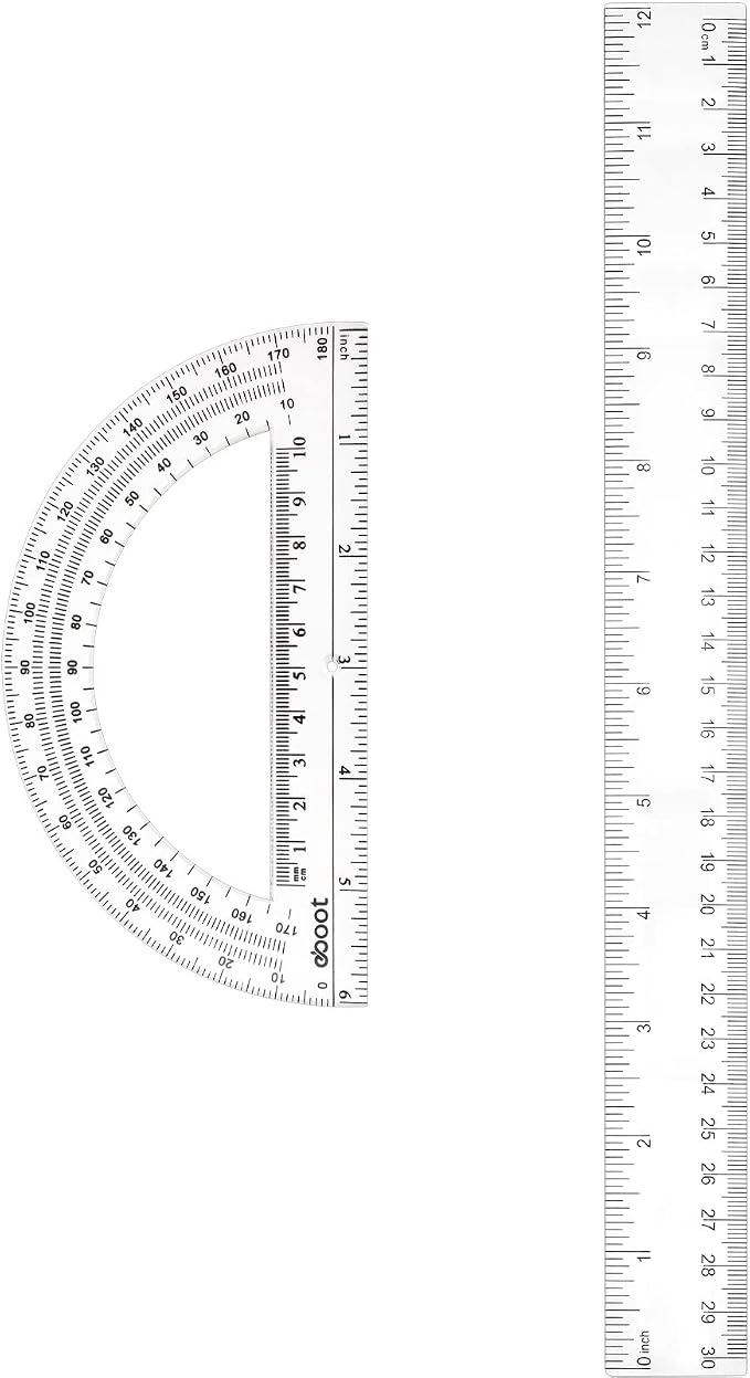 Zonon 2 Pcs 12 Inch Clear Ruler and 6 Inch Plastic Protractor Set, Dual Scale Inch/Cm Math Geometry Measuring Tools for Back to School Students Teachers Classroom Office Drafting Use(Clear)