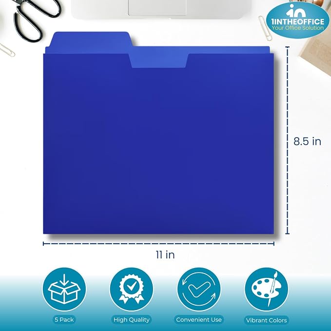 1InTheOffice File Jackets Letter Size, File Pocket Folders, Plastic File Jackets, 1/3 Cut Tab, 8.5" X 11", Reinforced, Assorted Colors, 5 Pack