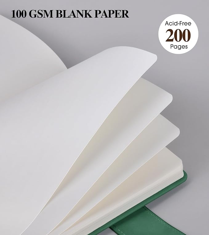 PAIBAS Blank Journal Notebook, A5 Hardcover Leather Sketchbook with 200 Pages Thick Blank Paper for Men Women, Unlined Drawing & Writing Journal, 5.9" x 8.4" Plain Notebook (green)