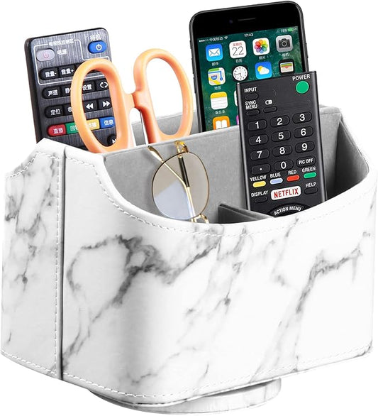 PUSU Leather 360°Rotatable Remote Control Holder,Nightstand TV Remote Caddy | Office Supplies Desktop Organizer,Spinning Storage Box for Pen,Mail,Phone,DVD, Blu-Ray, Media Player, Heater Controllers