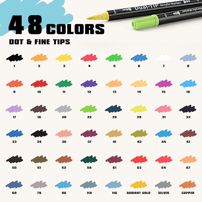 48 Colors Acrylic Paint Markers, Dual Tip with Fine Tip and Brush Tip, Acrylic Markers for Rock Painting, Canvas, Wood, Glass, Ceramic, Metal, DIY Crafts Art Supplies Kit