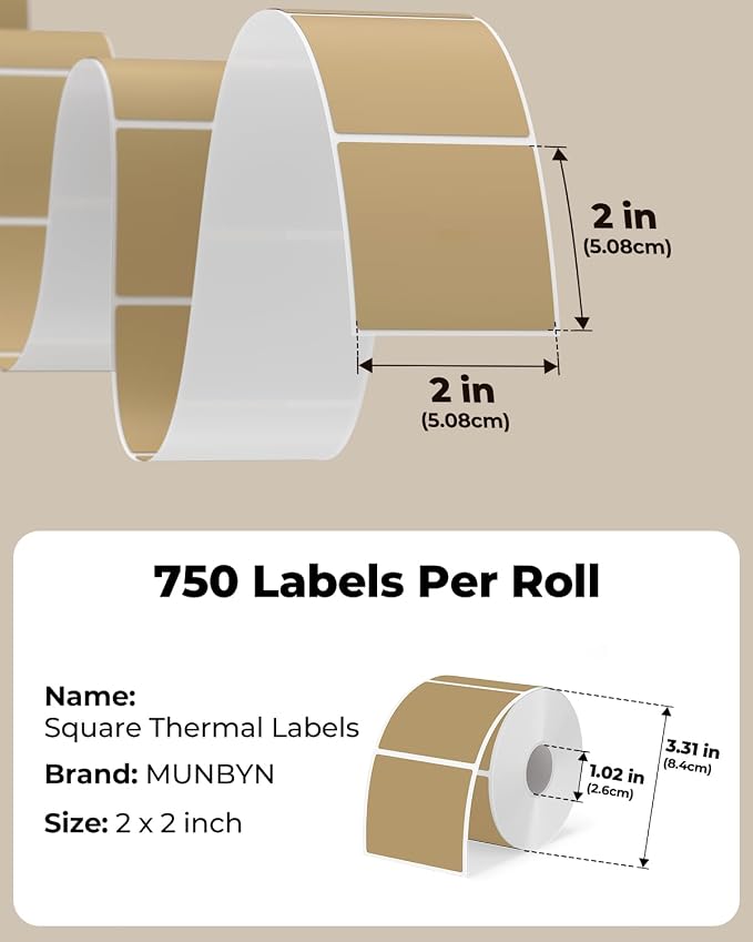 MUNBYN 2x2 Thermal Labels, 750 Sheets/Roll, Brown | Strong Adhesive & Perforated, Non BPA&BPS for Small Business, Barcode, Bakery, Shipping