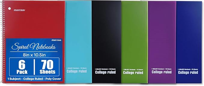 Mintra Office Spiral Notebooks Set - Primary Colors, College Ruled, Poly Waterproof Covers, Journals for School, Work, Business, Writing Pads, Teacher & Student Supplies, 70 Sheets Each, 6-Pack