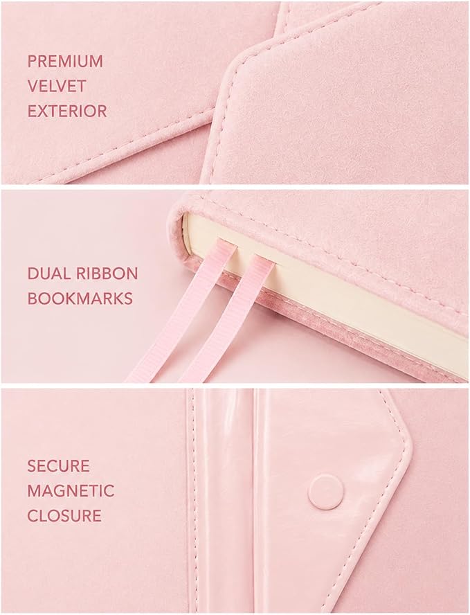 WORLD TRAVELER Eccolo Lined Journal Notebook, Velvet Hardcover, 256 Ruled Pages of Acid-Free Ivory Color Paper, Magnetic Flap Closure, 3 Bookmarks, Size 6X8, 6X8 Pink | Ivory Acid-Free Ruled Paper, 3 Sewn-In Bookmarks, Lay-Flat Design, Stitched Spine, ...