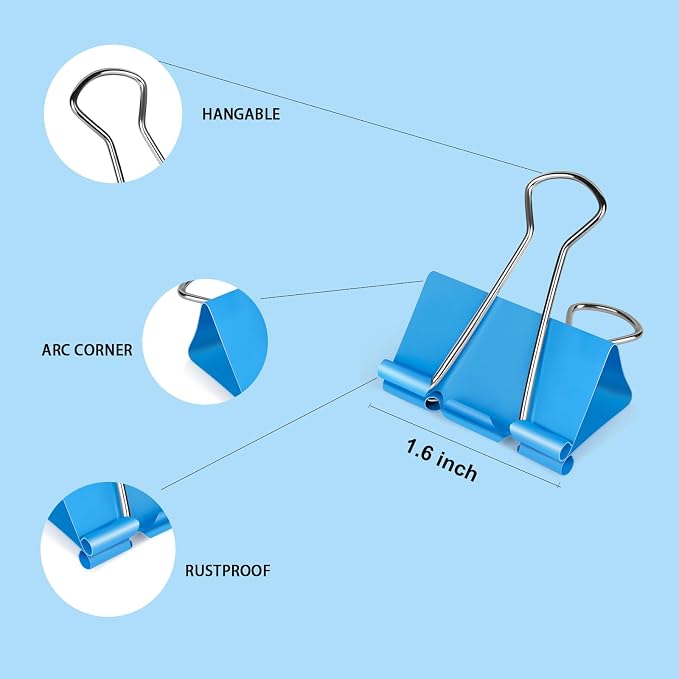 Ufmarine Large Binder Clips 1.6 inch Length, (40 Pcs) Colorful Paper Clips Large for Office