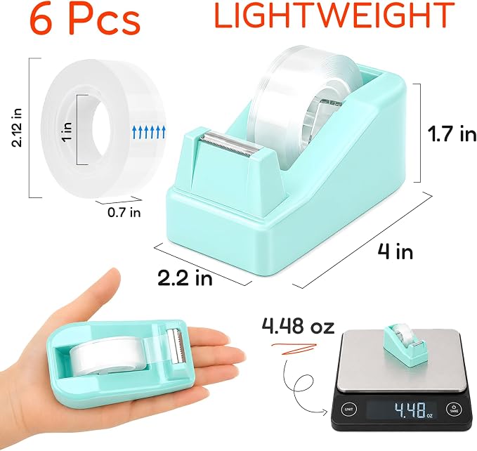 Lightweight Desktop Tape Dispenser, Tape Holder with 6 Rolls Transparent Tape, Stable Non-Skid Base for Office, Home & School, 1-Inch Core (0.71 in x 1000 in Each)
