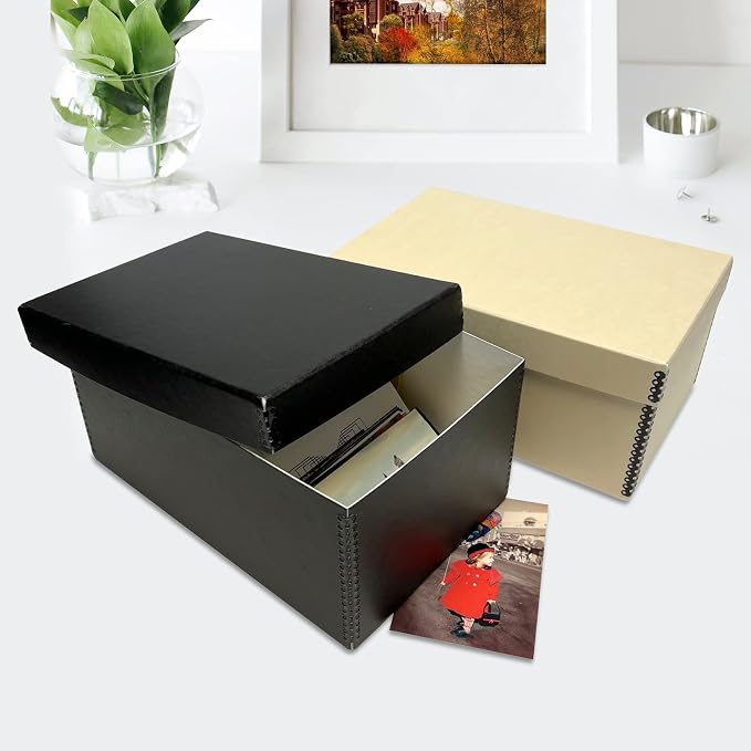 Lineco Archival Photo Card Box, Museum-Quality, 4x6x12 Inch, Tan, 2 Pack | Acid-Free with Removable Lid, Metal-Edge Corner, Bulk Storage and Preservation for Negatives, Prints, Films, Photos, Snapshot