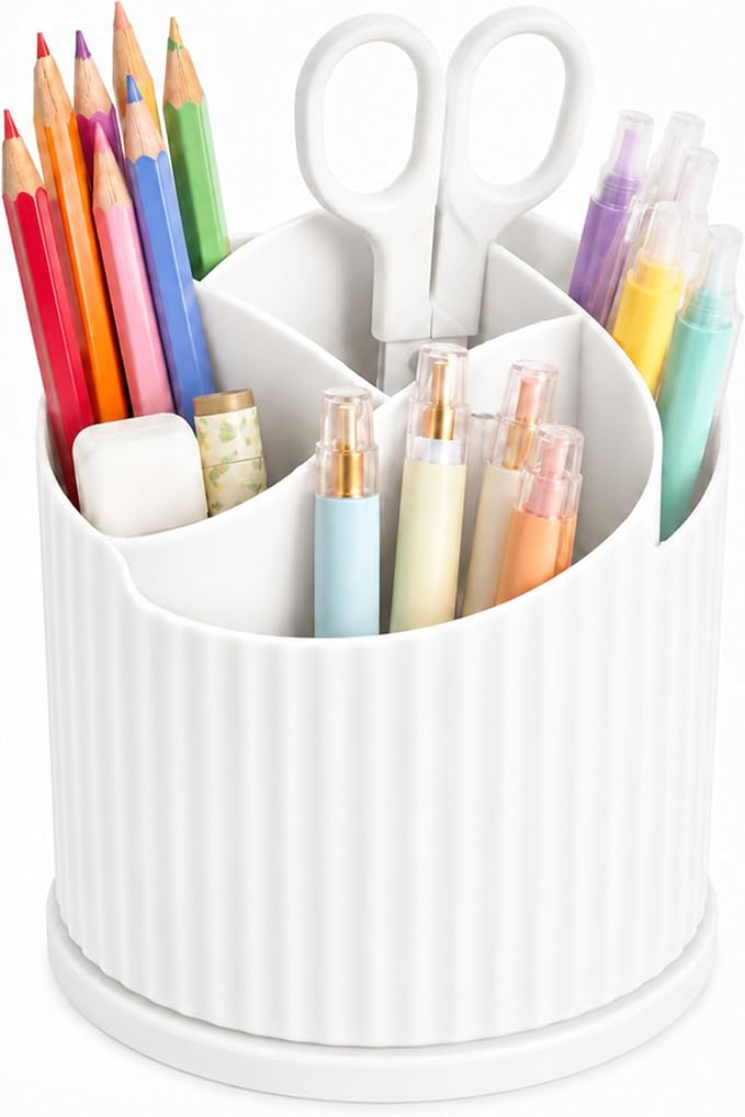 Desk Organizer, 360° Rotating Pen Holder with 5 Compartments, White | 5 Compartments, Pencil Cup, Storage Box Caddy, For Kids, Office, School, Home
