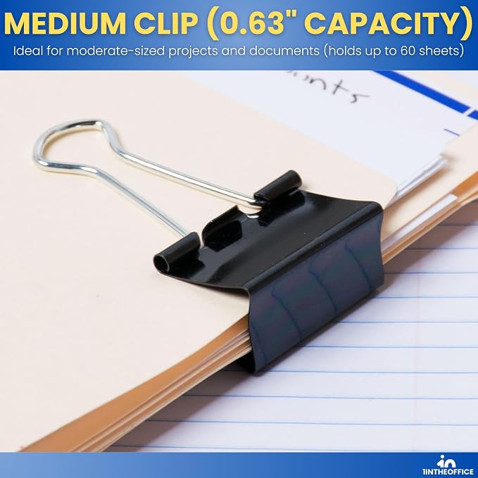 1InTheOffice Binder Clips Assorted Sizes, Paper Clamps, Small 0.75", Medium 1.25", Large 2", Metal, 24 Clips/Size, Black, 72 Pack