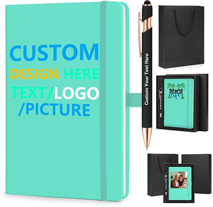 ENOMY Personalized Notebook Writing Set A5 Journal PU Leather Custom Notebook 200 Lined Pages Business Notebook with Metal Pen Gift Box for Holiday College Birthday Business Gift, Lake Blue
