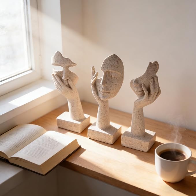 3 Pcs Thinker Statue - Resin Art Abstract Home Accent Figurines for Decor Apartment Bookshelf Floating Shelf Living Room Coffee Table Office Desk Counter Decor (3 Pcs Sandstone, 6")