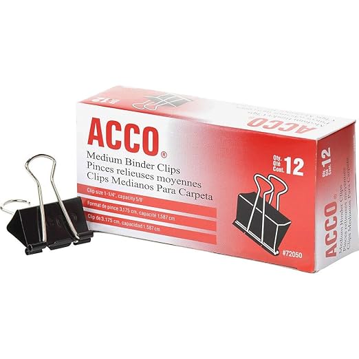 Acco 72050 Medium Binder Clips, 1-1/4-Inch W, 5/8-Inch Cap, Blk/Silver, Sold as 1 Dozen