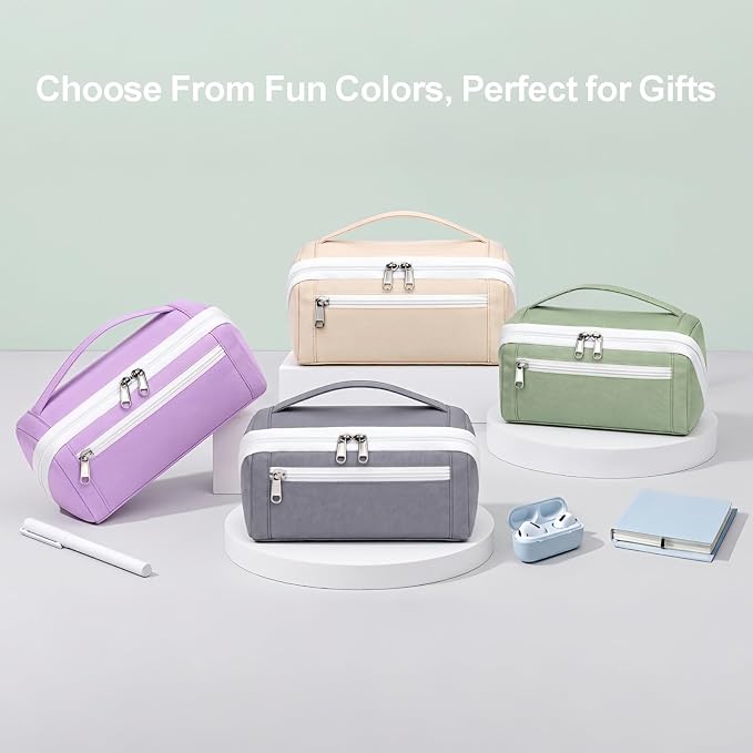 Large Pencil Pouch for Teen Girls, 8 Compartments, Cream White | Large capacity pencil case, wide-opening organizer fits calculators, markers, pens; for middle school, high school, college