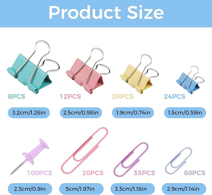 BESARME 279 PCS Paper Clips and Binder Clips Set Assorted Sizes Colorful Metal Clips with Box for Office Home School Paperwork Notes Receipts