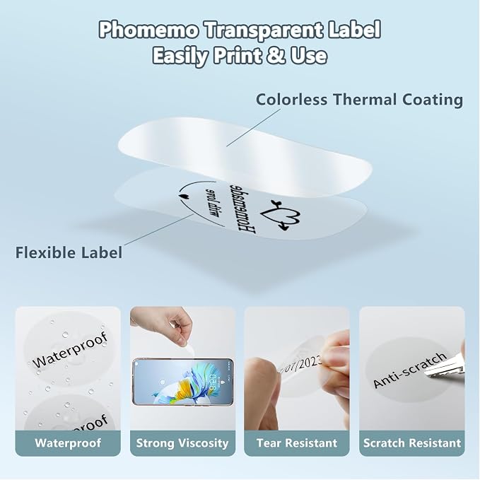 Phomemo Transparent Thermal Labels, Round, Self-Adhesive, 1.57"x1.57" (40x40mm), Clear, 180 Labels/Roll