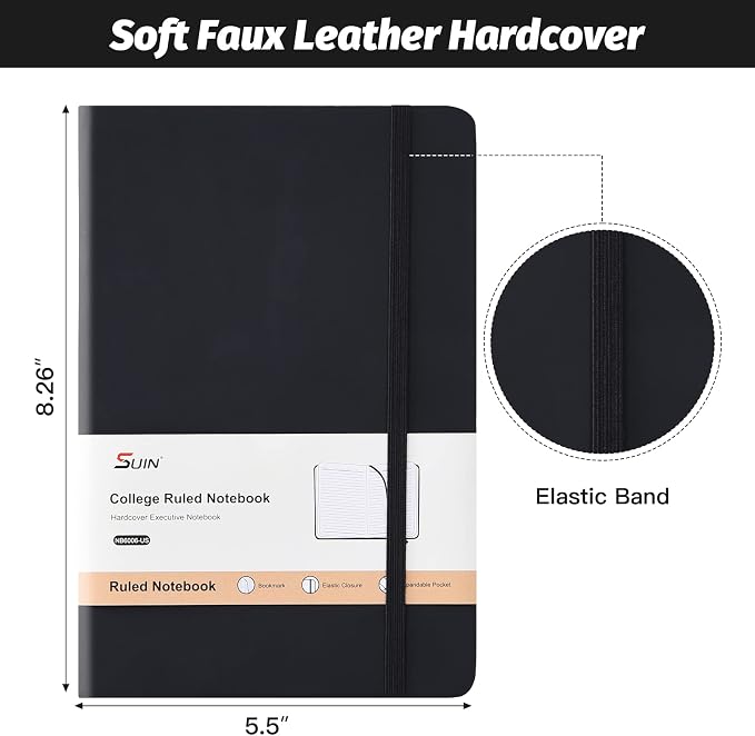 SUIN Hardcover-Journal-Notebooks, A5 Lined Journals Notebook for Writing 200 Pages, 8.2 x 5.5 inch, Classic Ruled Notebooks for Work/Travel/College (Black - 6 Pack)