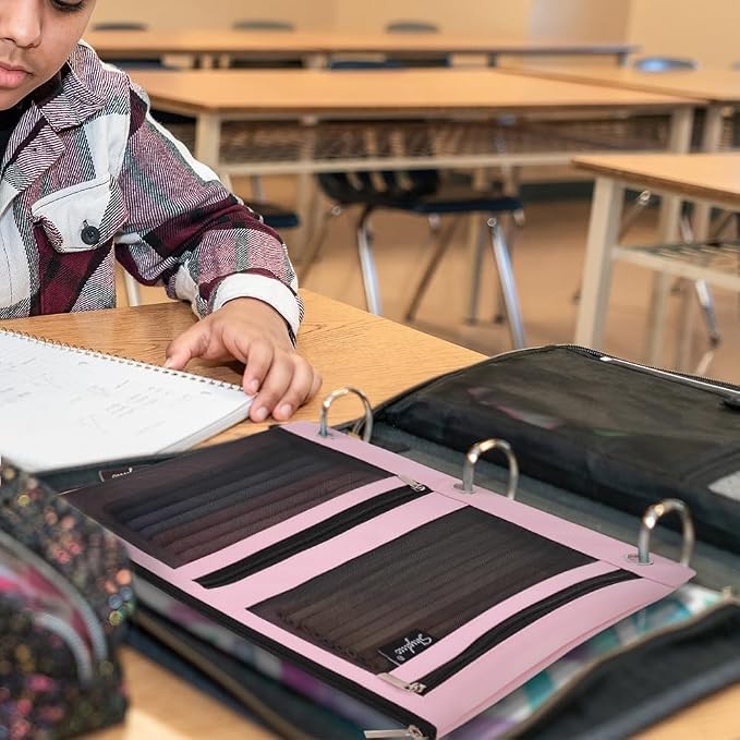 SKYDUE Pencil Pouch for Binder, Pencil Case, 3 Ring Binder Pencil Pouch with 3 Pockets and Mesh Window, Zipper Pencil Pouch, Durable Organizer for School Supplies, Cables, Earbuds, Makeup, Pink
