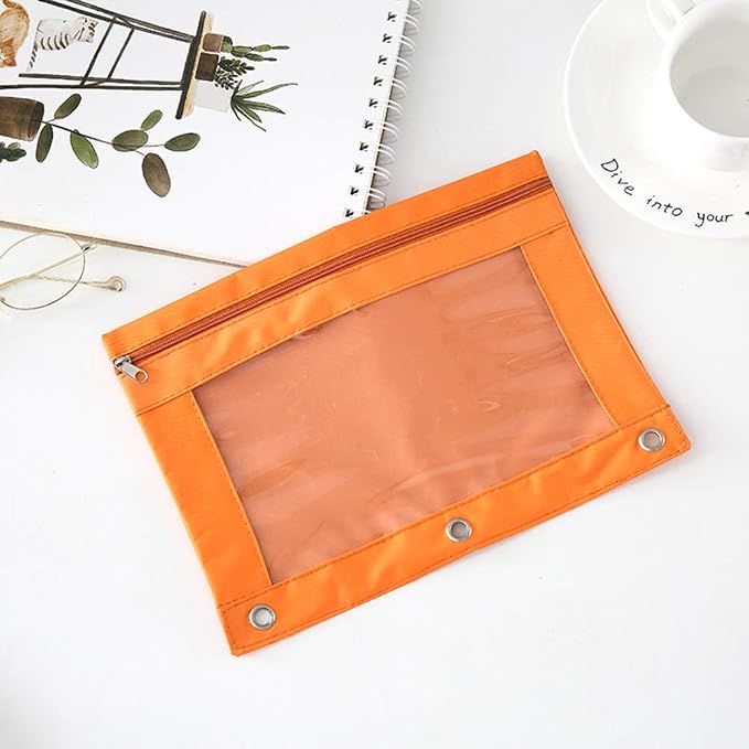 Zippered Pen Pencil Binder Pouch | 3 Rings with Clear Window for School Classroom Organizers 8 Pcs (Orange)