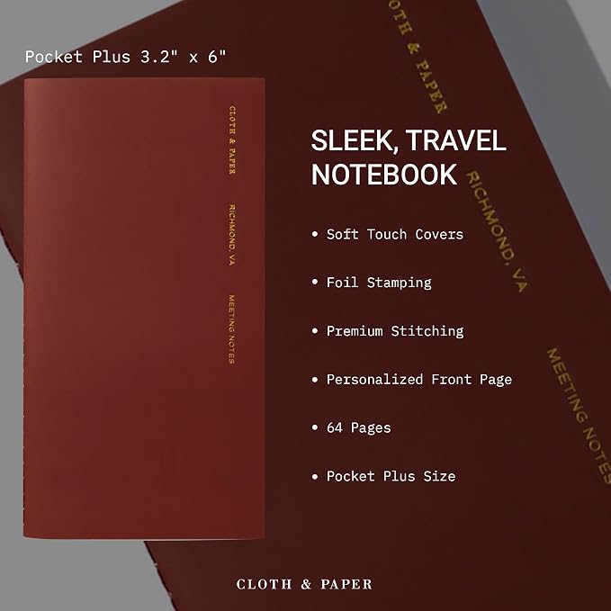 Cloth & Paper Travel Notebook | Meeting Notes – Bordeaux | Pocket Plus Meeting Notebook 3.2" x 6" | Structured Meeting Layout for Agenda, Attendees, Notes & Follow Up Tracking – Soft Touch Cover