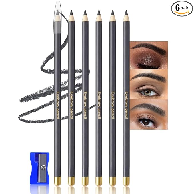 6Pcs Grey Eyebrow Pencils for Women,Wooden Hard-Core Eyebrow Eyeliner Pencil,Sharpener Included,Long Lasting Waterproof Sweat-proof Create a Natural Eye Brow Makeup,Beginner Brow Pencil,Cruelty-Free