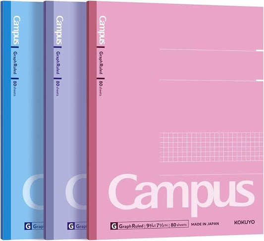 KOKUYO Composition Notebooks, 3 Pack Campus 9-3/4" x 7-1/2" Comp Book with Graph Paper 5x5, 80 Sheets, Pink Blue Lavender Journal Notebook for School Work Study Note Taking (WSG-NO-308CG3×3)