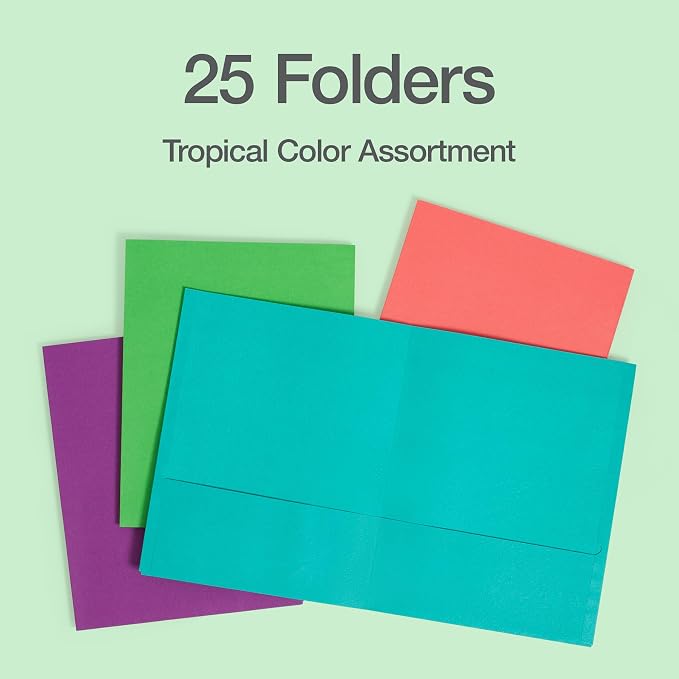 Oxford 2 Pocket Folders, 25 Pack, Tropical Colors, School Value Pack | Each folder holds 100 letter size sheets. Sturdy covers hold up in backpacks all year. Easy to color code. Made in the USA.
