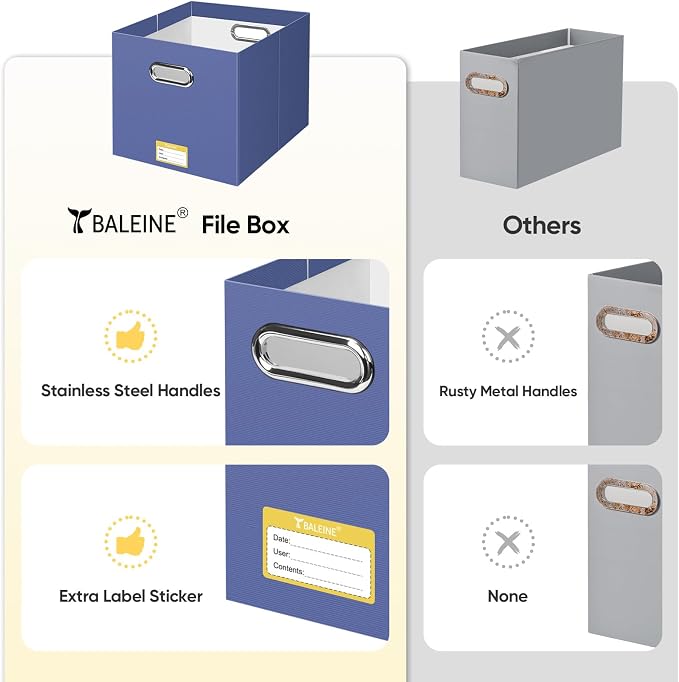 BALEINE File Organizer Box, Cardboard File Folder Organizer with Handle for Letter Size, Portable Collapsible Hanging Filing Box for Home Office Document Storage (1 Pack, Large Navy)