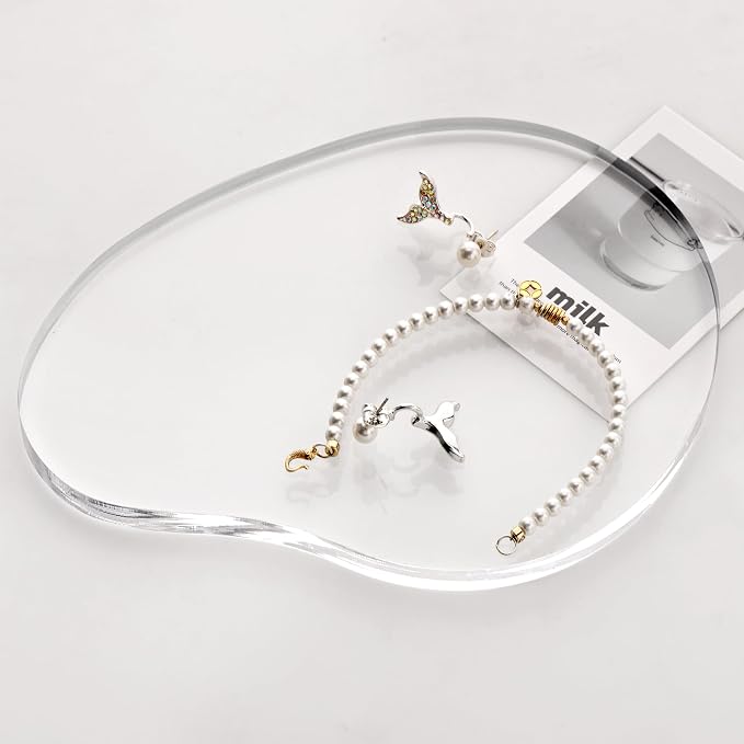 Acrylic Jewelry Dish Tray trinkets Organizer - 8mm Thickened Crystal Clear, Elegant Shape for Rings Necklaces Watches - Multi-Use Display for Perfume, Aromatherapy & Vanity Table Decor