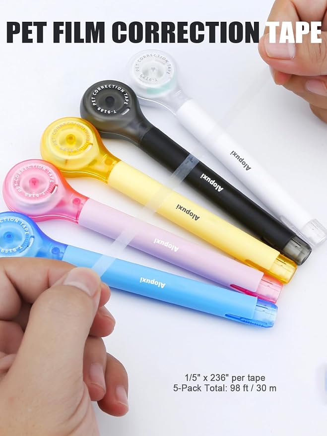 5-Pack White Correction Tape Pens, 1/5" x 236", Push-Pull Protective Cover | Comfortable Pen-Style Grip, Smooth Coverage, Instant Corrections, Easy Tape Adjustment