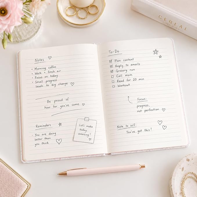 Pearhead Fabric Hardcover Journal Notebook 6x8 – Pointelle Embroidered College-Ruled Writing Journal with 200 Lined Pages, Pink
