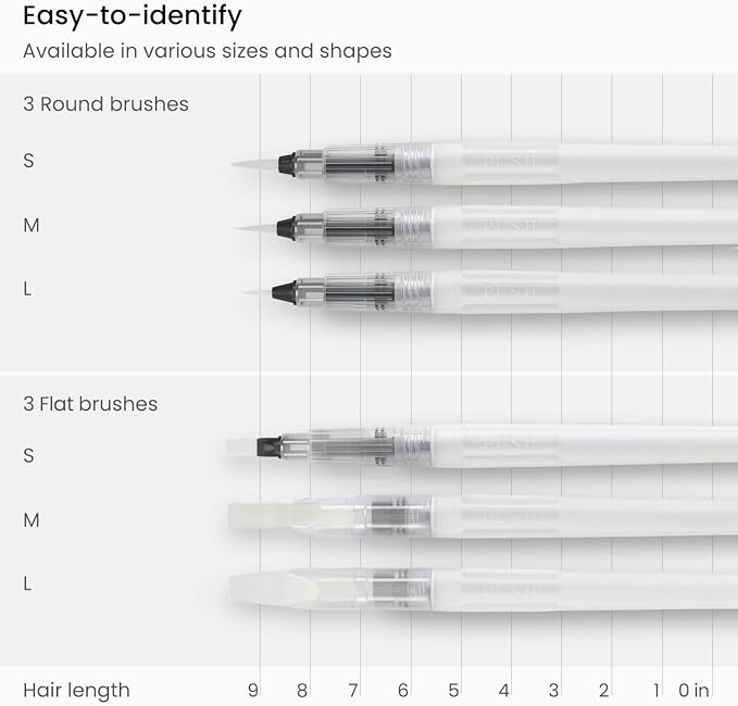 ARTEZA Water Brush Pens, Set of 6, Refillable Self-Moistening Watercolor Brush Pens with Round and Flat Nylon Tips for Painting, Calligraphy, Lettering and Travel