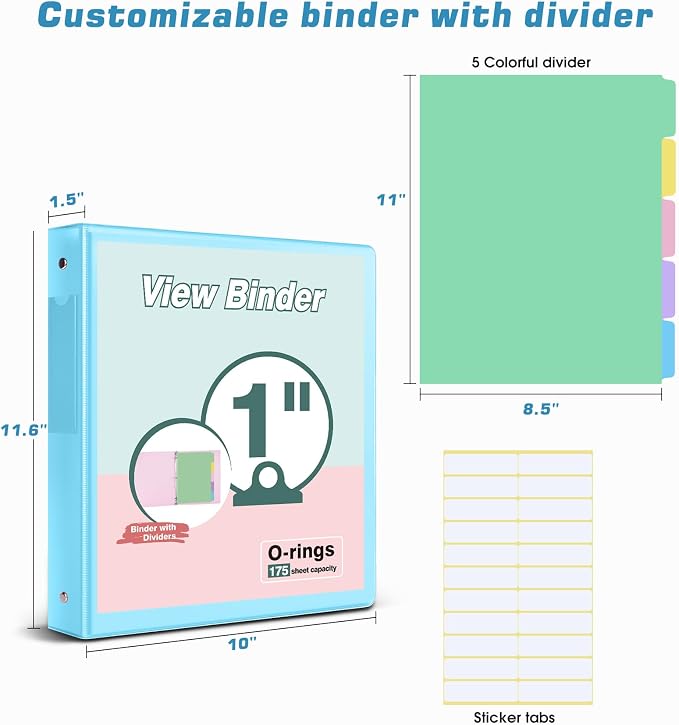 3 Ring Binder 1 inch，Cute Binder Organizer with 5 Tab Dividers Fits 175 Sheets of 8.5x11 Paper, Customizable Clear Cover with Inside Pockets, Aesthetic 1" Three Ring Binders for School Office