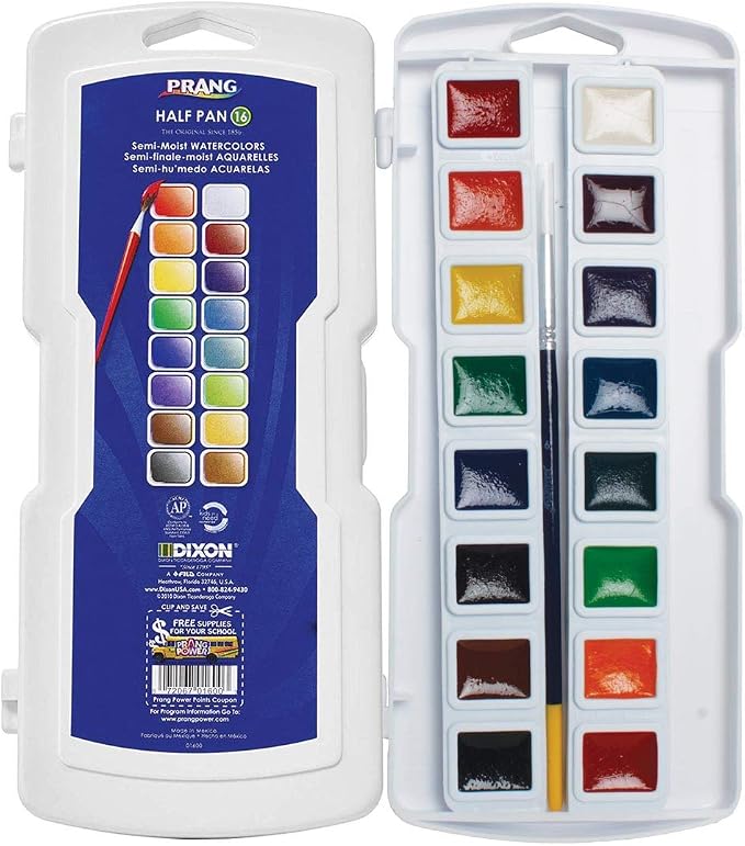 Prang Semi-Moist Watercolors 16-Color Half Pan Paint Set, Pack of 1 | Refillable, Size 6 Paint Brush Included