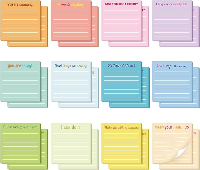 Yinder 12 Pcs Inspirational Sticky Notes, Back to School Supplies, Cute Motivational Sticky Notes Pad Employee Appreciation Gifts Bulk for Teacher Coworker Office 3 x 3'' (Inspirational,Simple)