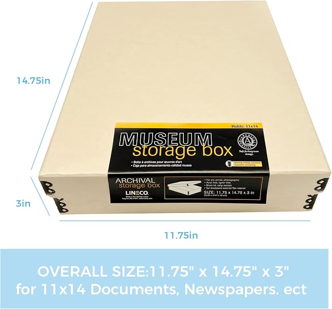 Lineco Museum Archival Storage Box, Drop Front, 11.75x14.75x3 in, Tan | Acid-Free with Metal Edge, Preserves Picture Longevity, Organize Photos, Newspapers, Prints, Documents, Crafts, DIY