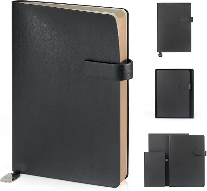 A5 Soft Cover Lined Notebook, Pen Holder & Gold Edges, 180° Lay Flat Journal, Large 5.7 x 8.4 in, Bookmark & Gift Box, Business Notebook for Work, Study, Travel(Black)