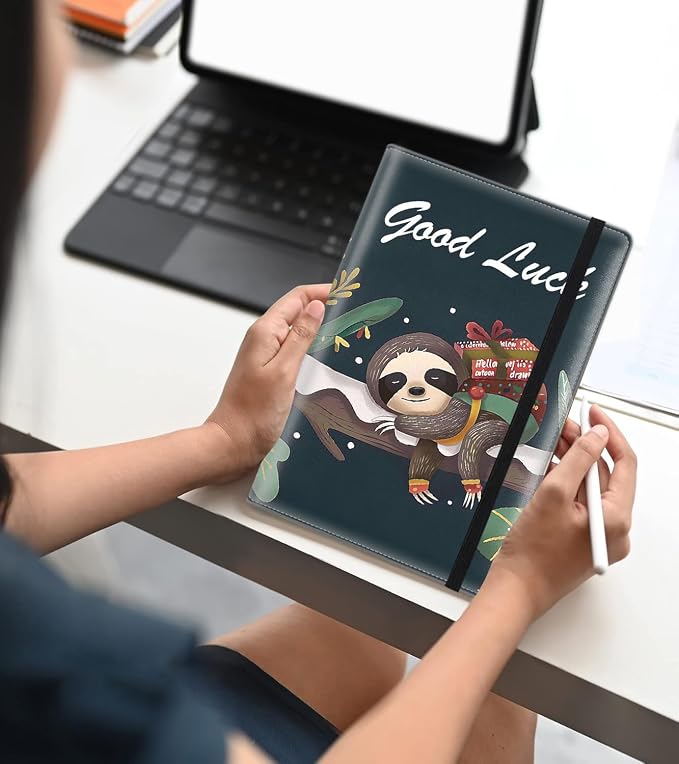 A5 Leather Lined Journal Notebook, 200 Pages Hardcover Executive Notebook for Men Women Office School Note Taking, Thick Writing Paper Daily Journal with Bookmarks/Indexes,Funny Sloth