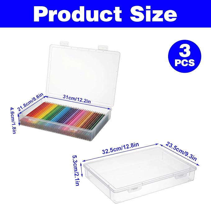 3 Pack Clear Plastic Storage Box with Flap Lid, Multipurpose A4 Size Craft Organizer for Art Supplies, Pencils, Markers, and Document Storage, 12.8 x 9.3 x 2.1 Inches