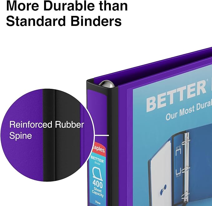 Staples Better Binder, 1.5" Heavy‑Duty D‑Ring 3‑Ring Binder, Purple, Reinforced Spine, Holds 400 Sheets, Reliable Organizer for Classes, Office & Projects, 3‑Pack