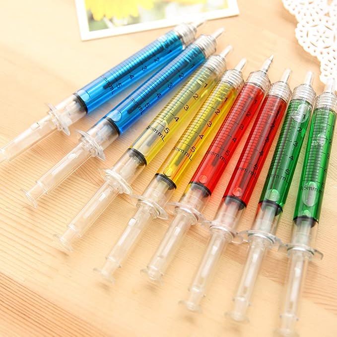 Hutou 6 Syringe Ballpoint Pens + 6 Syringe Highlighters, 12 Set | Syringe Pen Multi Color Novelty Pen for Student School Supplies