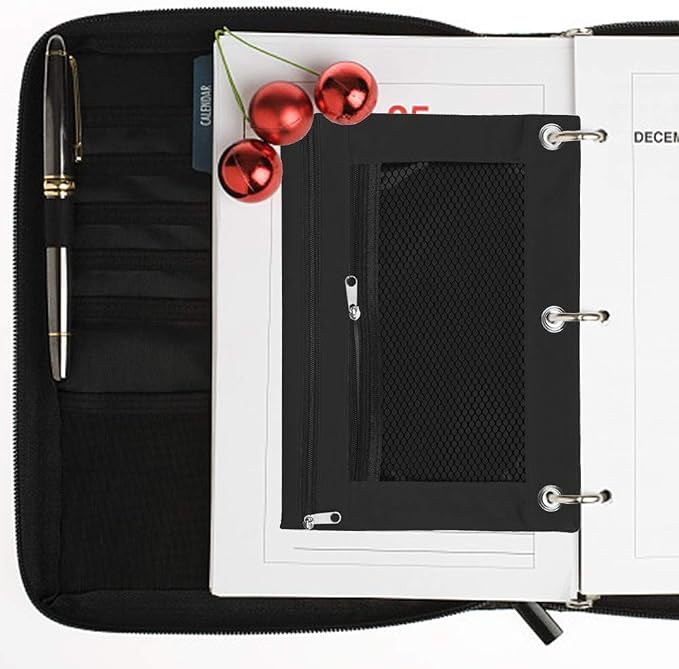 Pencil Pouch 3 Ring Binder Pouch Zippered Pencil Case Canvas Pencil Bag with 2 Compartments (Set of 2, Black)
