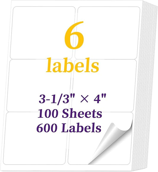 600 Labels 100 Sheets 3-1/3" x 4" 6 up Shipping Address Labels for Laser & Inkjet Printer - 6 Per Page Mailing Labels, 3-1/3" x 4" Printable Stickers Paper