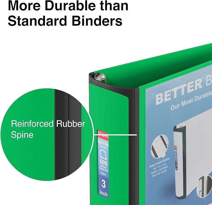 Staples Better Binder, 3" Heavy‑Duty D‑Ring 3‑Ring Binder, Green, Reinforced Spine, Holds 600 Sheets, Durable Organizer for Office, School & Presentations, 2‑Pack